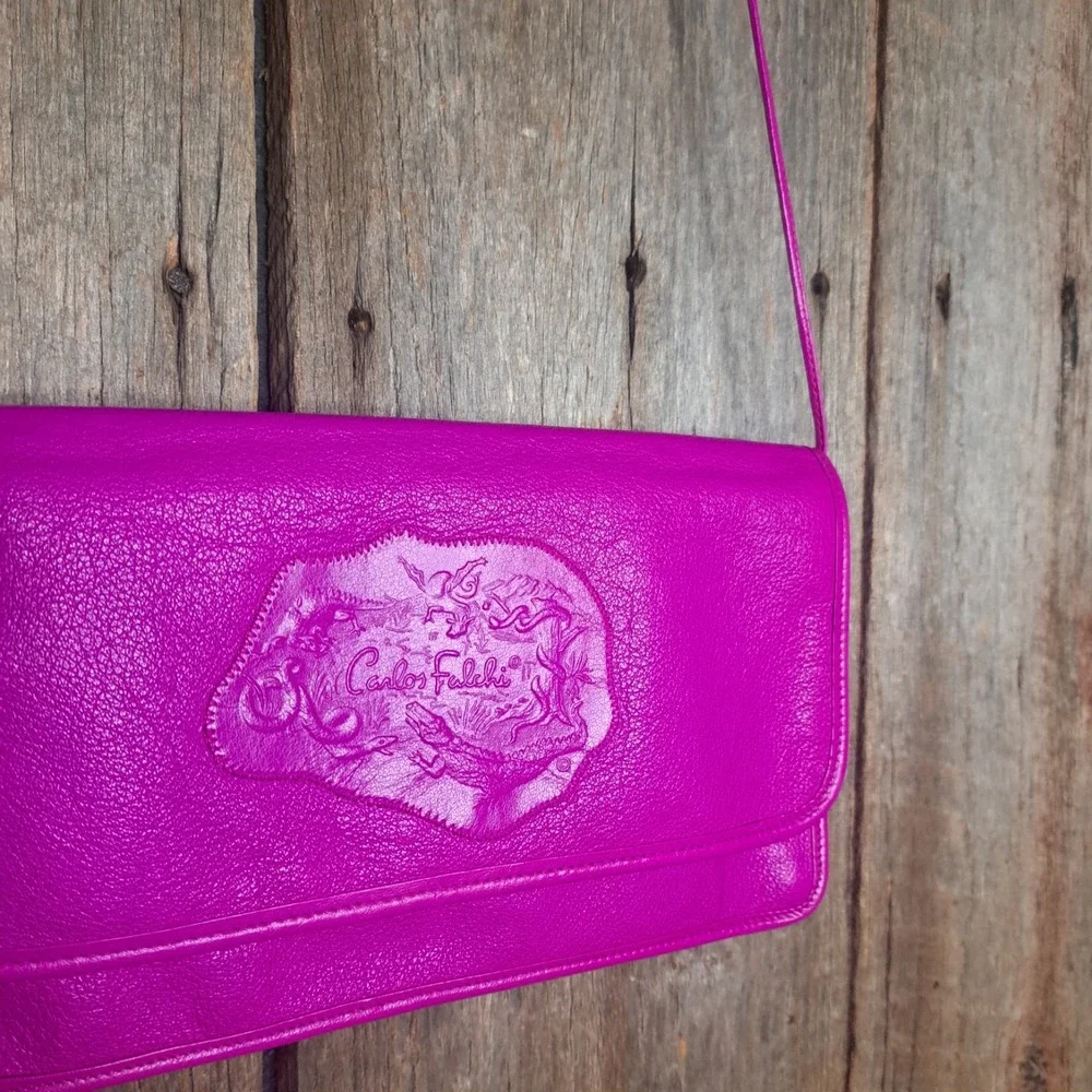 80s Retro Barbiecore Carlos Falchi Pink Leather Shoulder Bag Embossed Reptile
